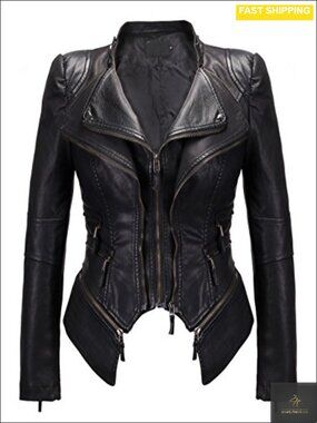 Faux Leather Moto Biker Jacket Studded Slim Fit